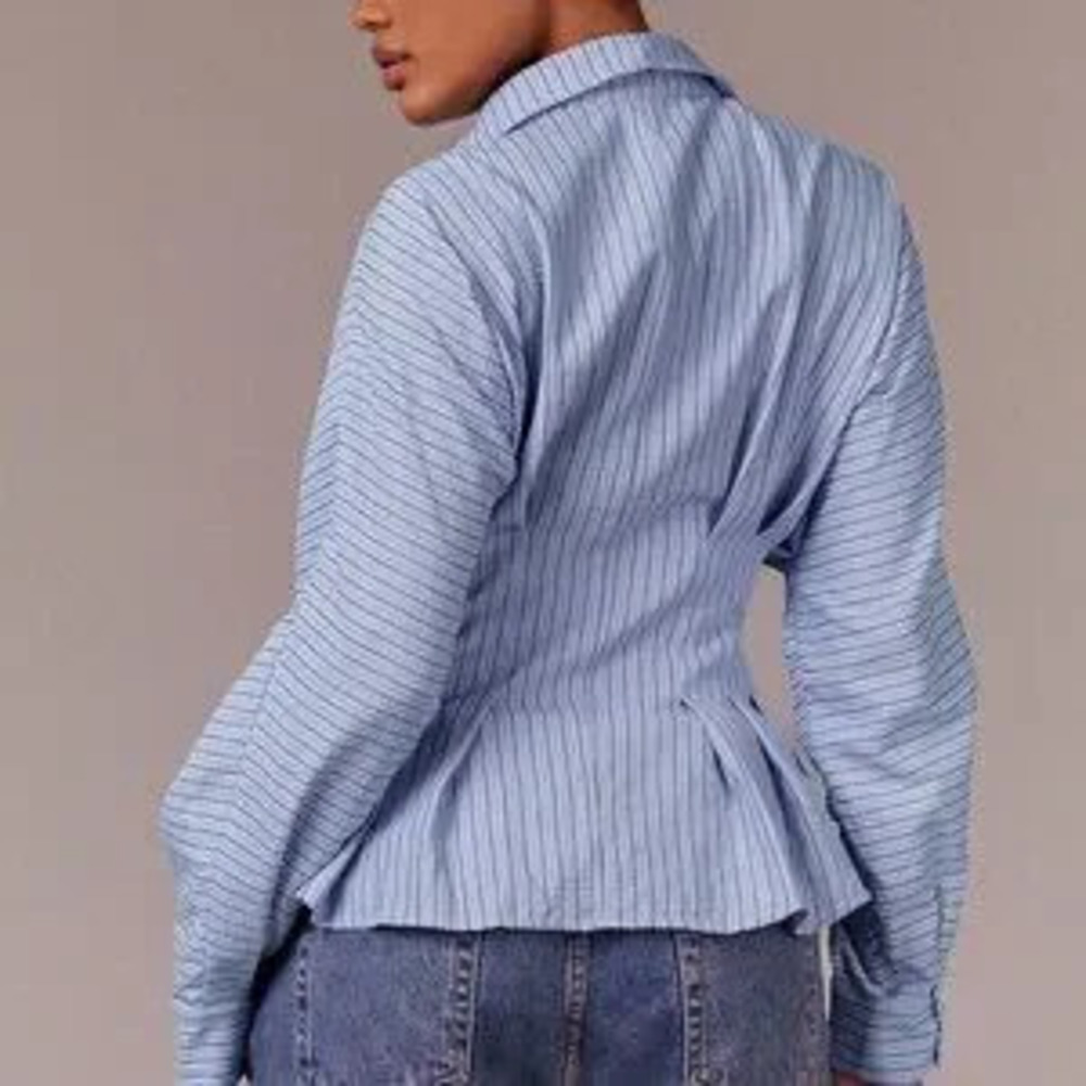 Blue Casual Women's Peplum Blouse with Structured Waist & Tailored Collar